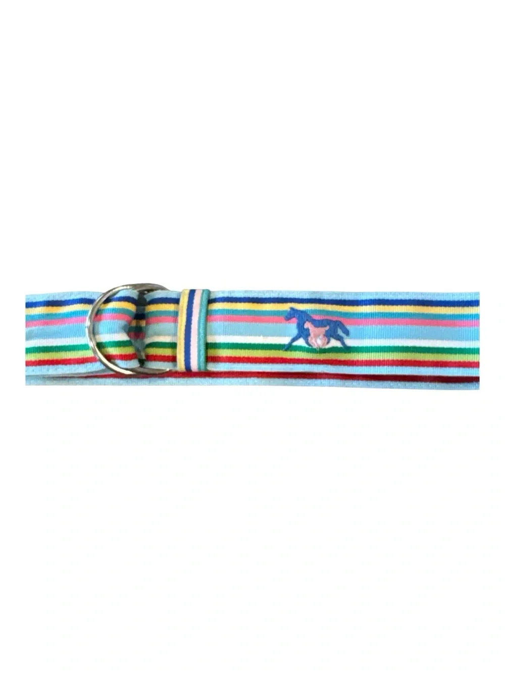 EQ Equestrian Ribbon D-Ring Belt Blue Multi Stripe Horse Logo Size M