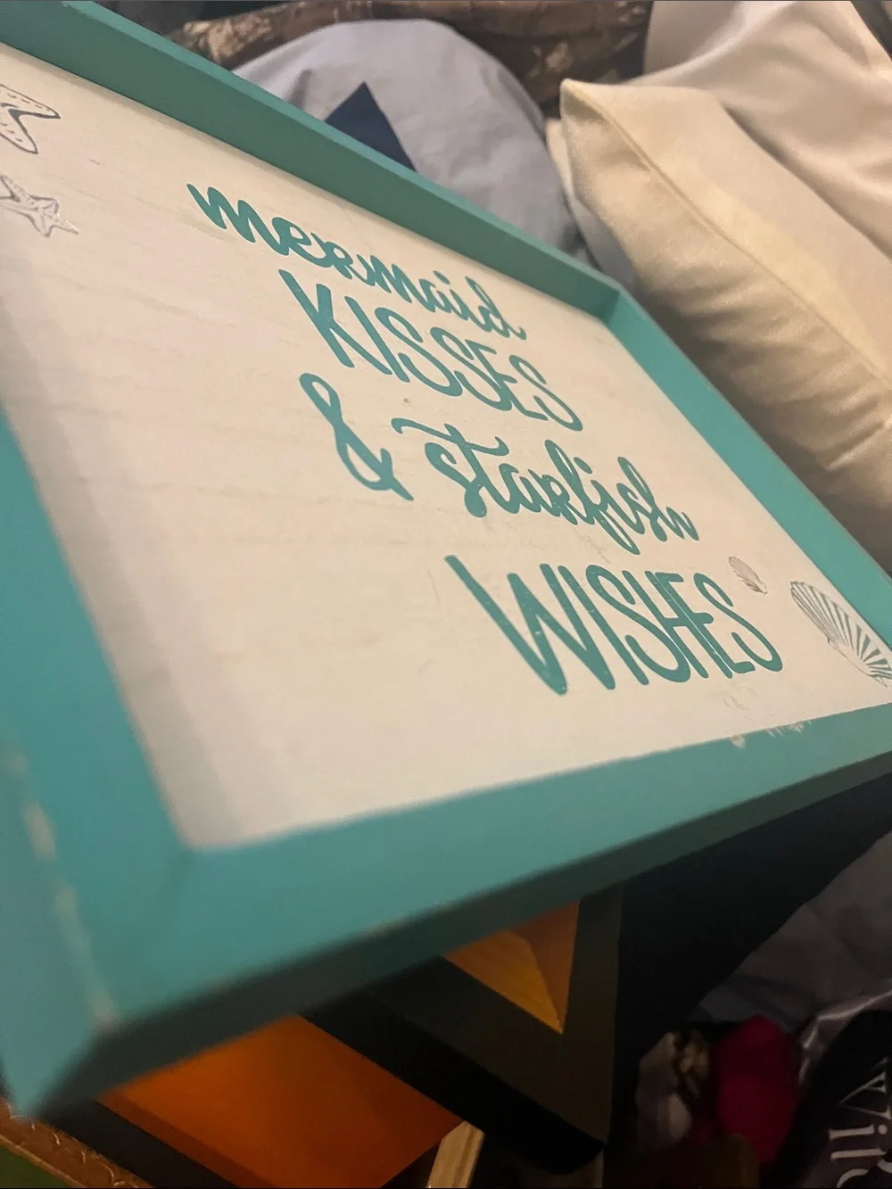 Hobby Lobby Teal Framed Quote Sign “Mermaid Kisses & Starfish Wishes” Teal wood