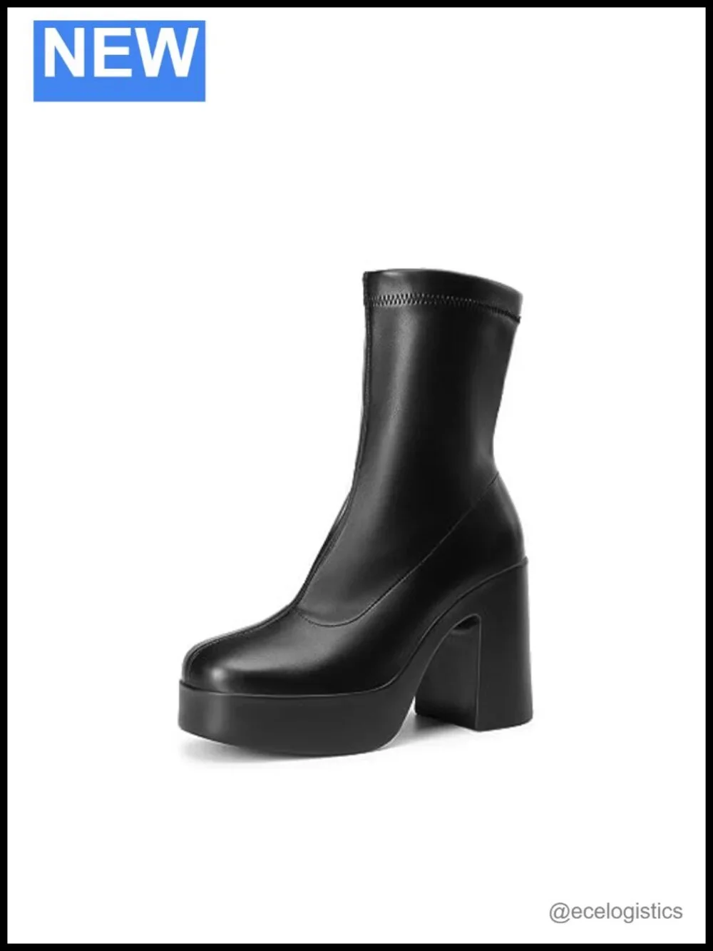 Chunky Block Heel Ankle Boots - Square Toe Platform Booties - Stretch PU Upper
